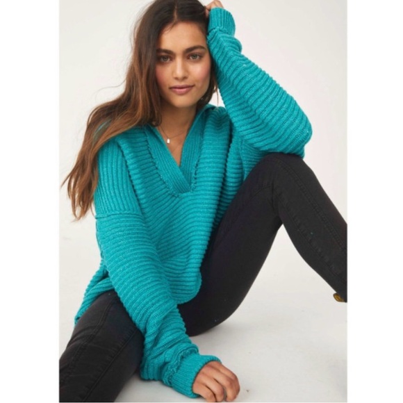 Free People Marlie Pullover V Neck Ribbed Knit Sweater Blue Green Oversized S - Picture 2 of 10